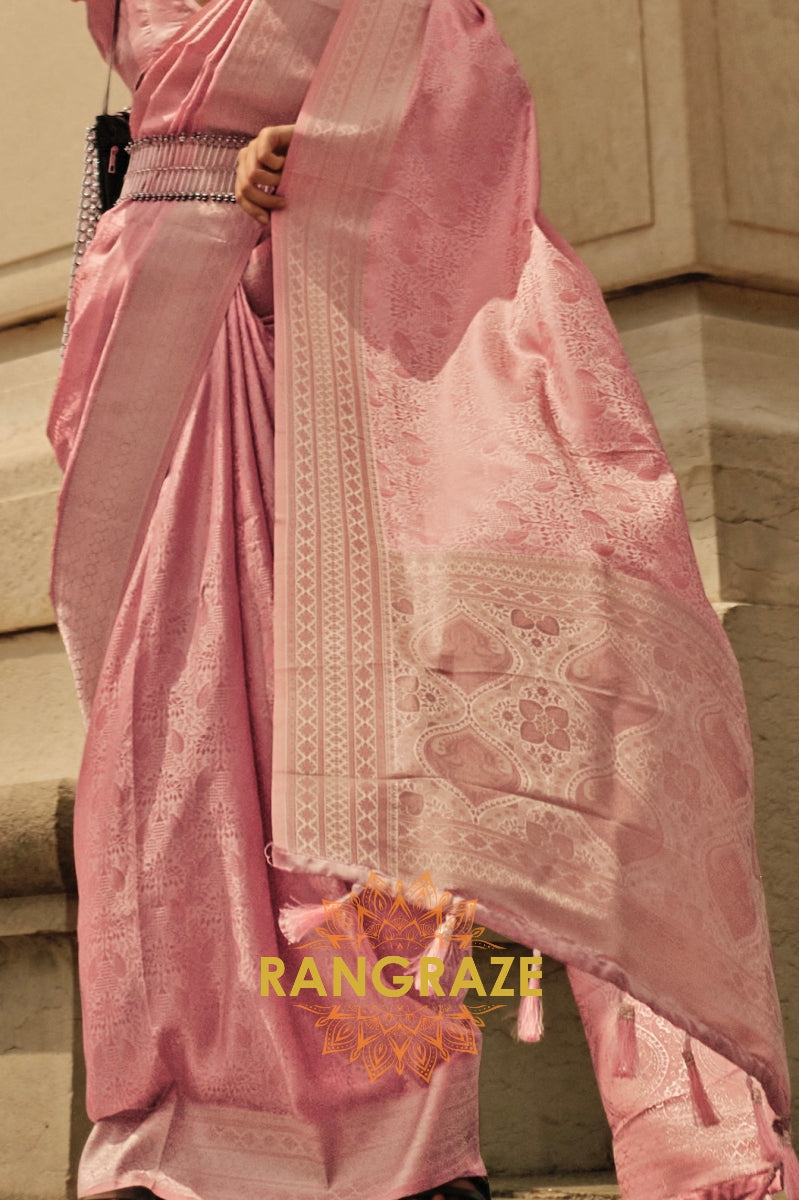 Royal Peach Pink Pure Satin Handloom Weaving Silk Banarasi Saree