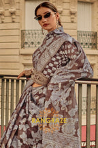 Cherry Brown Woven Lucknowi Organza Silk Saree
