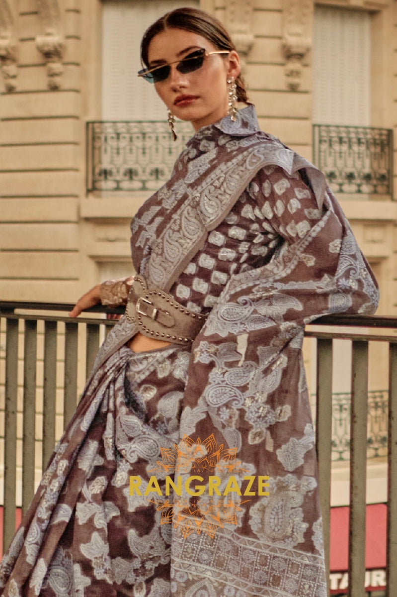Cherry Brown Woven Lucknowi Organza Silk Saree
