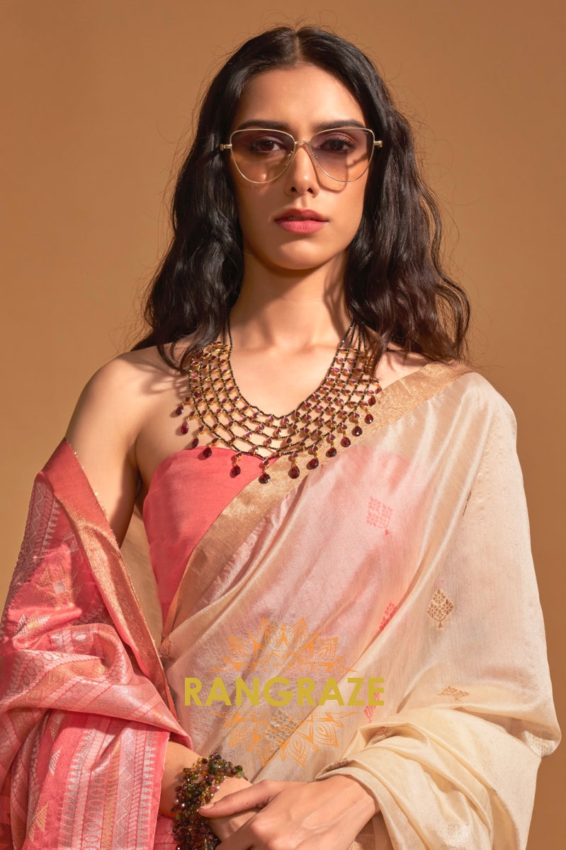 Prism Pearl Beige Woven Banarasi Silk Saree