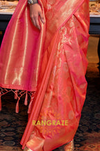 Tangerine Orange Zari Work Handloom Banarasi Silk Saree