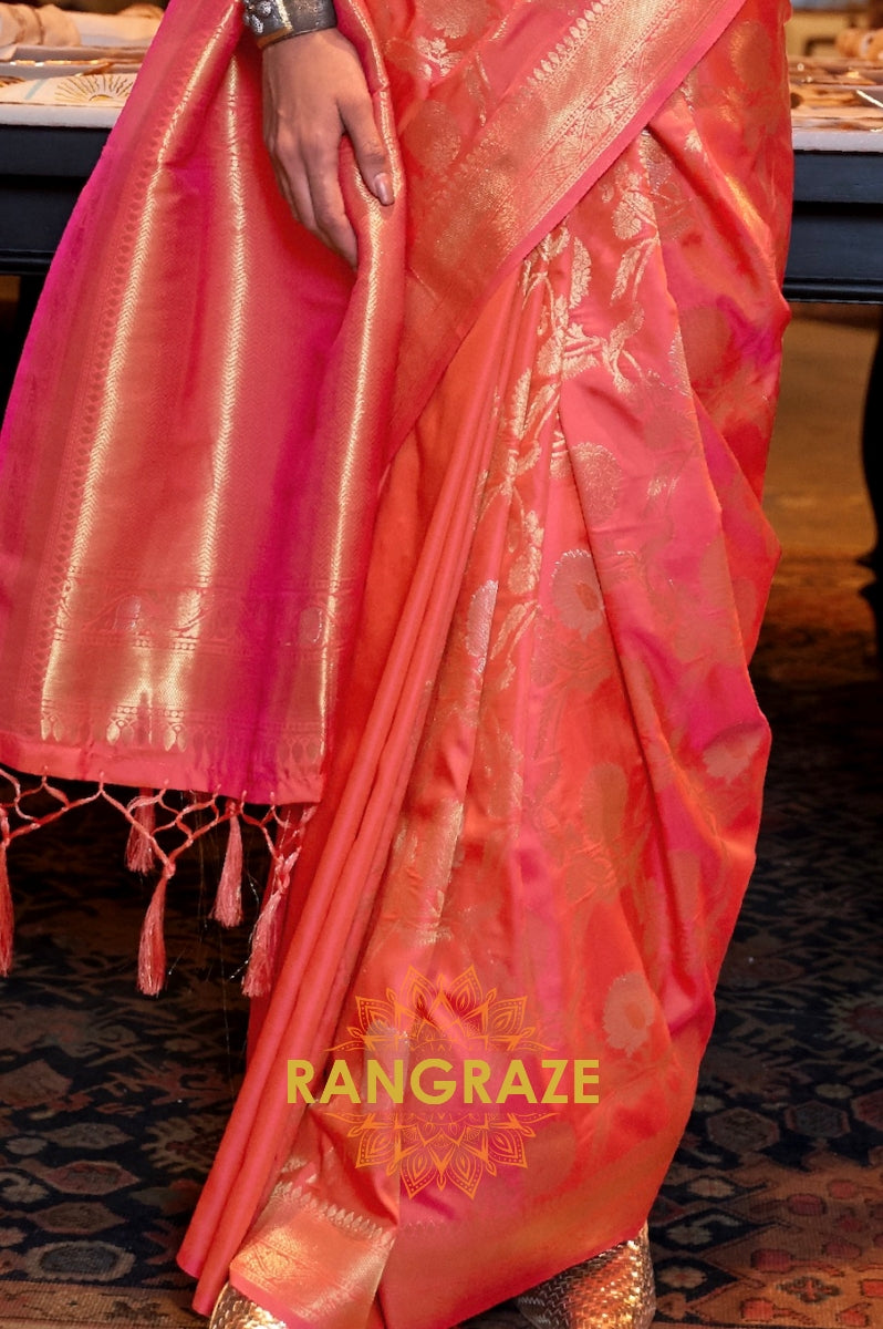Tangerine Orange Zari Work Handloom Banarasi Silk Saree