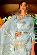 Cerulean Blue Cotton Handloom Weaving Banarasi Silk Saree