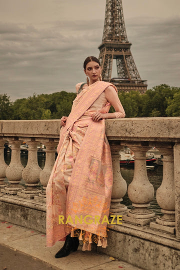 Rajwada Beige Pink Kashmiri Organza Handloom Weaving