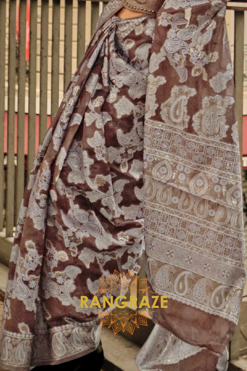 Cherry Brown Woven Lucknowi Organza Silk Saree