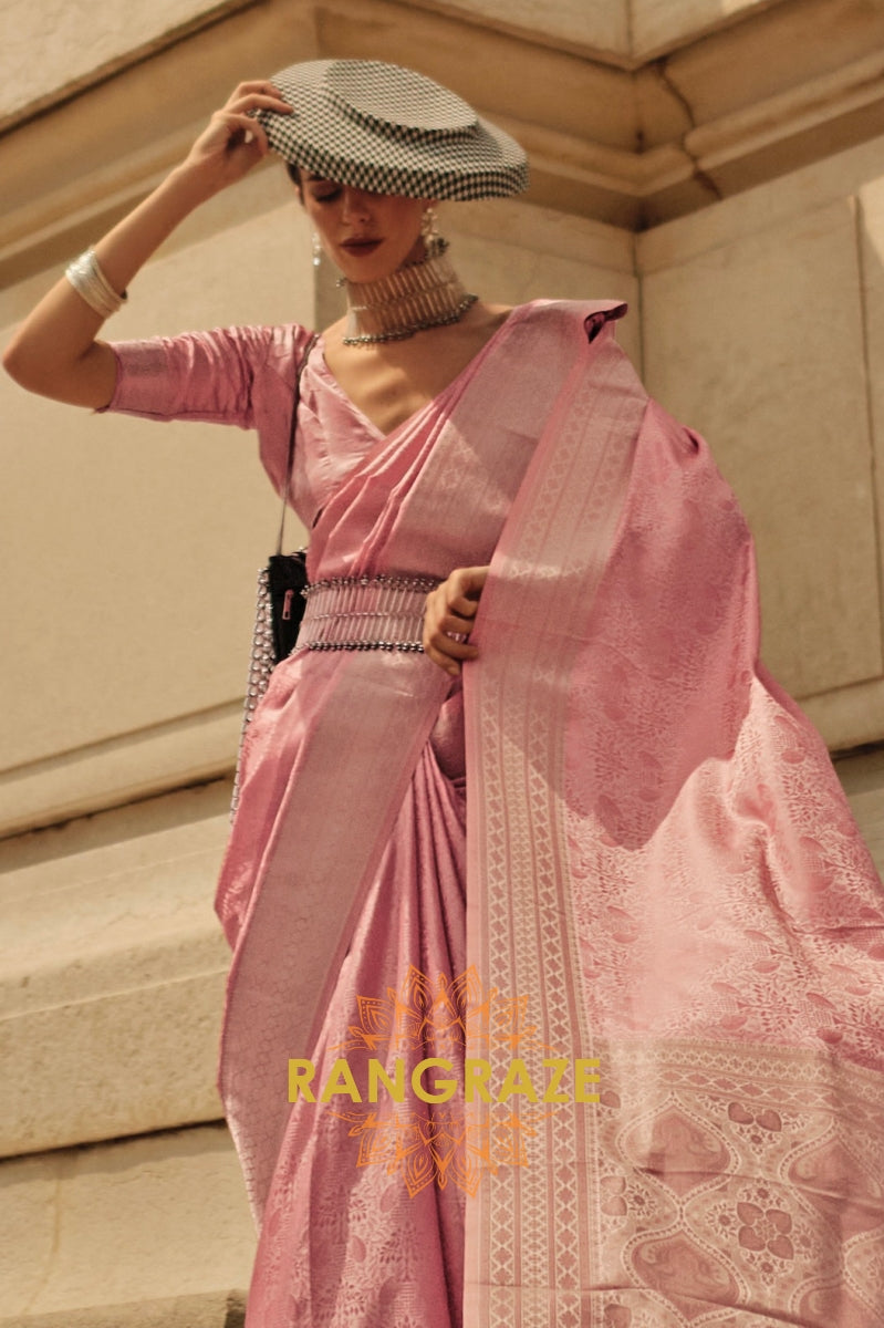 Royal Peach Pink Pure Satin Handloom Weaving Silk Banarasi Saree