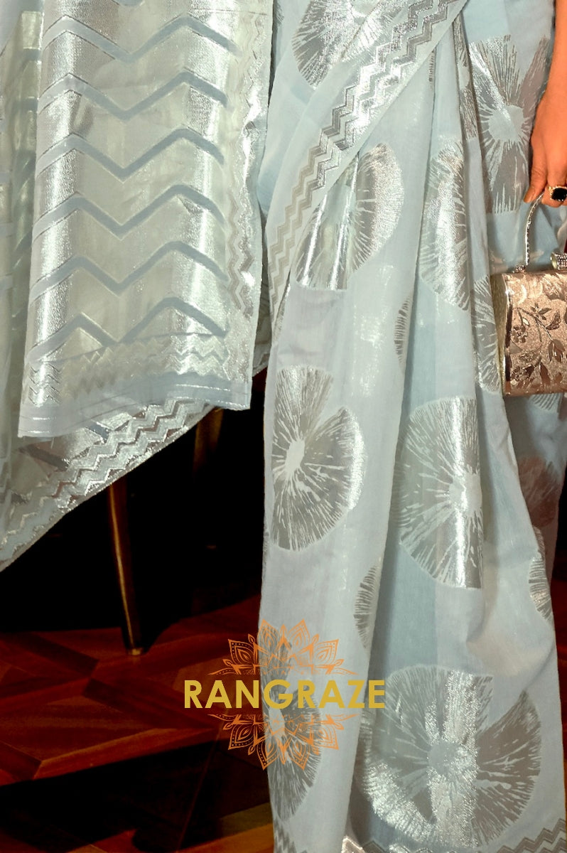 Cerulean Blue Cotton Handloom Weaving Banarasi Silk Saree
