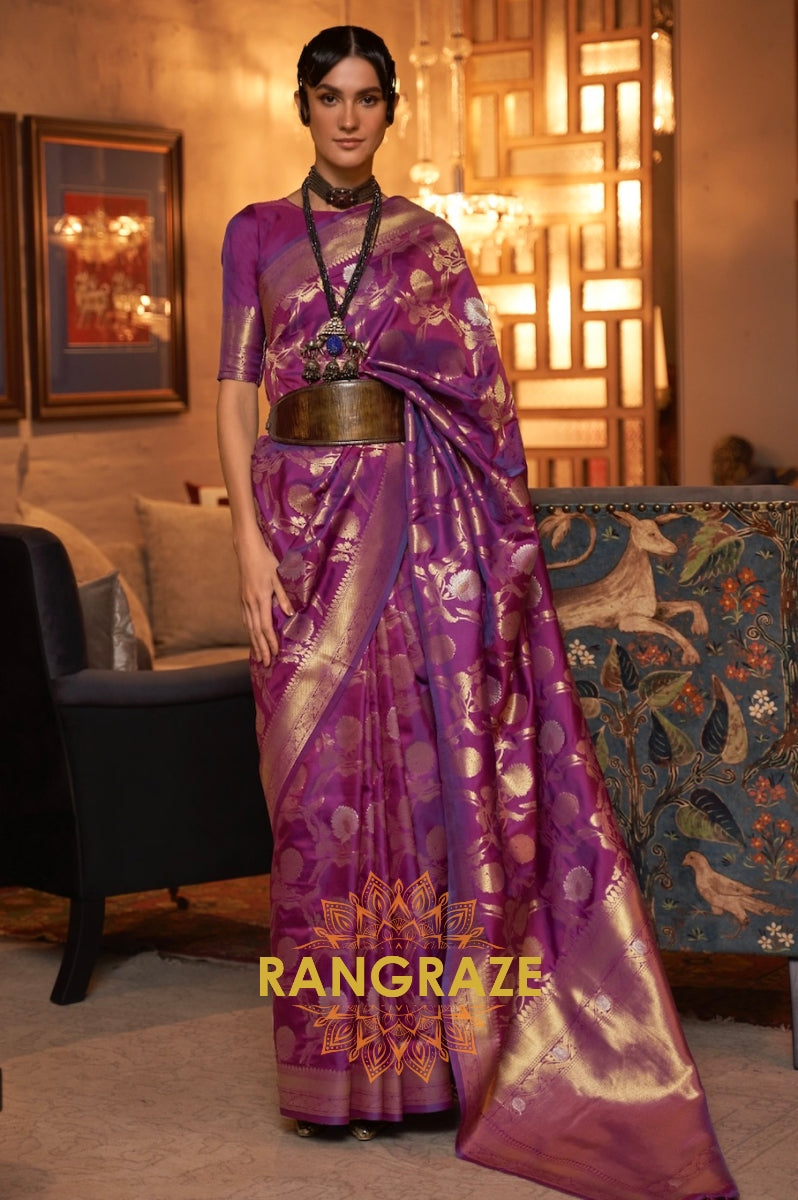 Mauve Purple Zari Work Handloom Banarasi Silk Saree