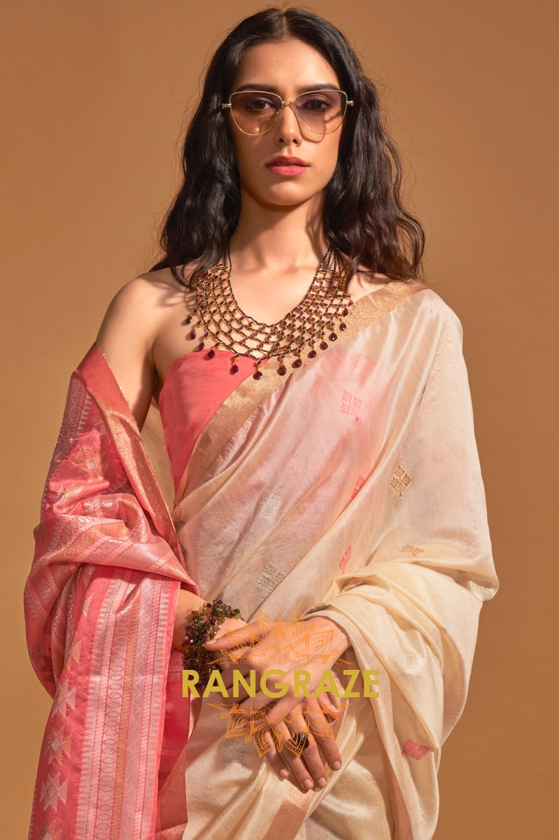 Prism Pearl Beige Woven Banarasi Silk Saree