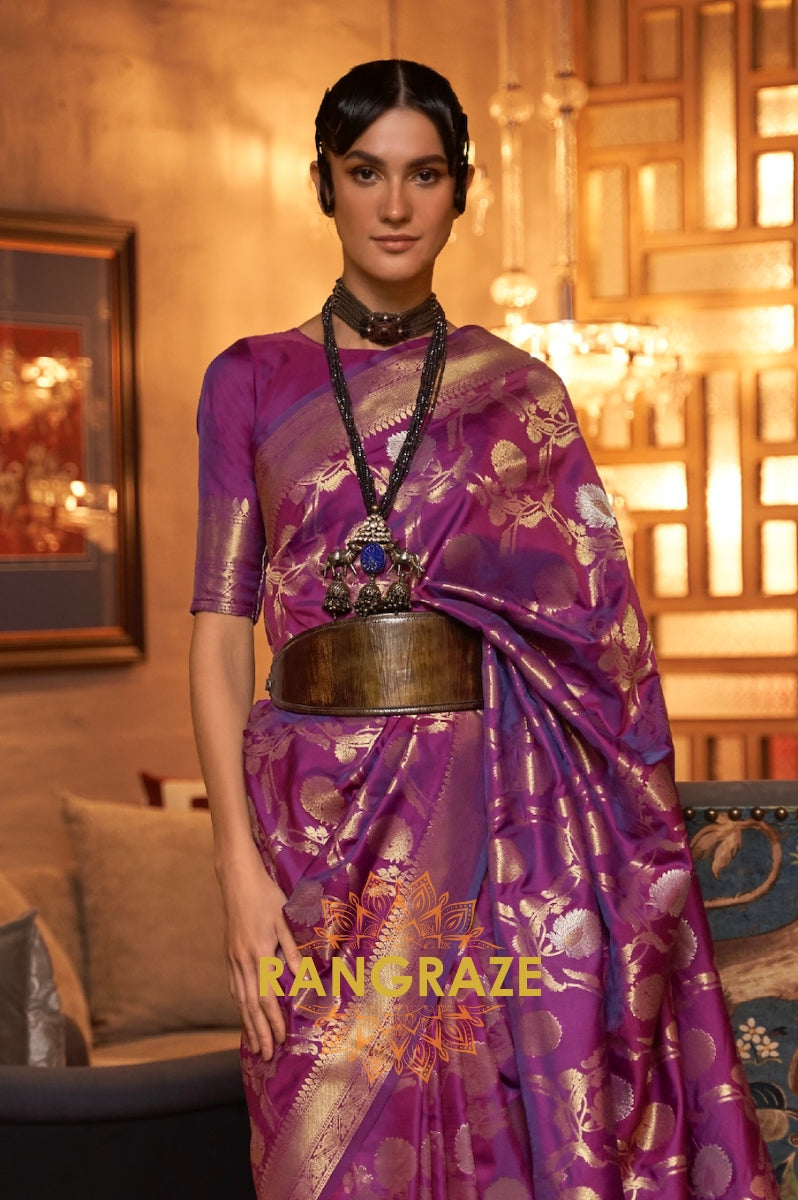 Mauve Purple Zari Work Handloom Banarasi Silk Saree