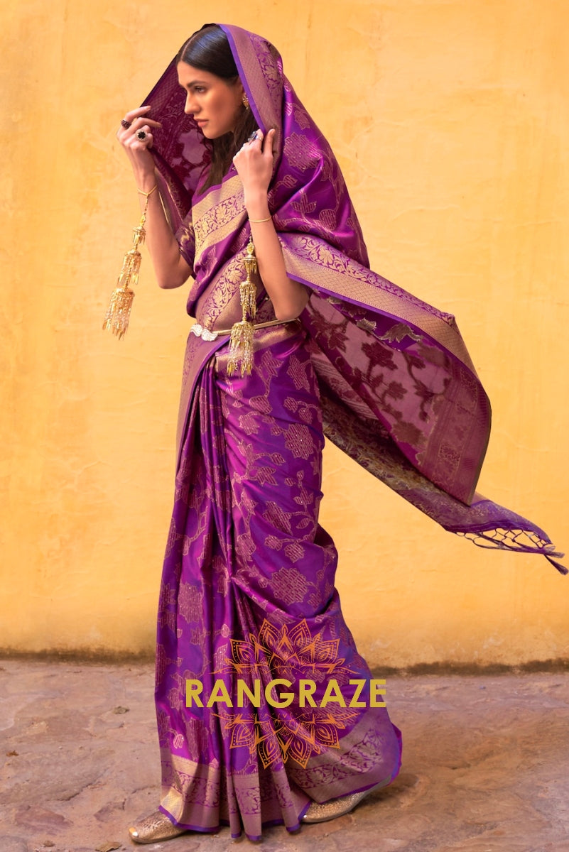 Purple Plum Sequins Handloom Weaving Banarasi Silk Saree