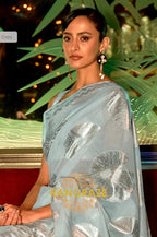 Cerulean Blue Cotton Handloom Weaving Banarasi Silk Saree