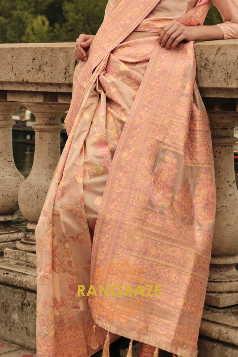 Rajwada Beige Pink Kashmiri Organza Handloom Weaving