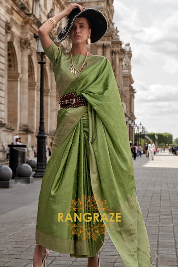 Parrot Green Woven Satin Silk Saree With Brocade Blouse