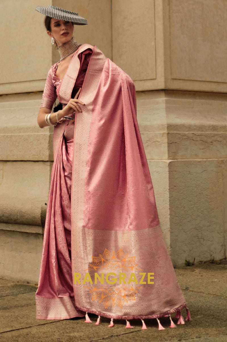 Royal Peach Pink Pure Satin Handloom Weaving Silk Banarasi Saree