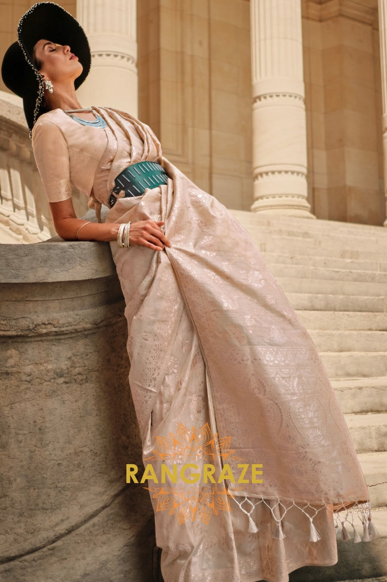 Golden Beige Gota Handloom Weaving Silk Banarasi Saree