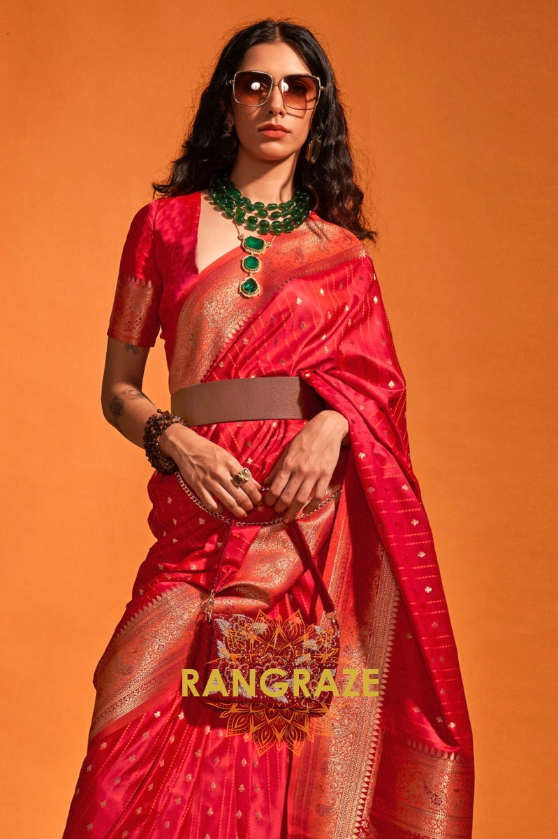 Dazzling Red Dual Tone Banarasi Satin Silk Saree