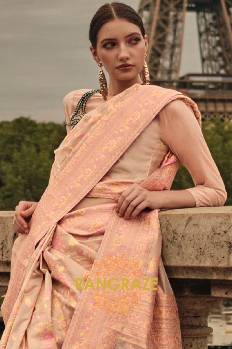 Rajwada Beige Pink Kashmiri Organza Handloom Weaving