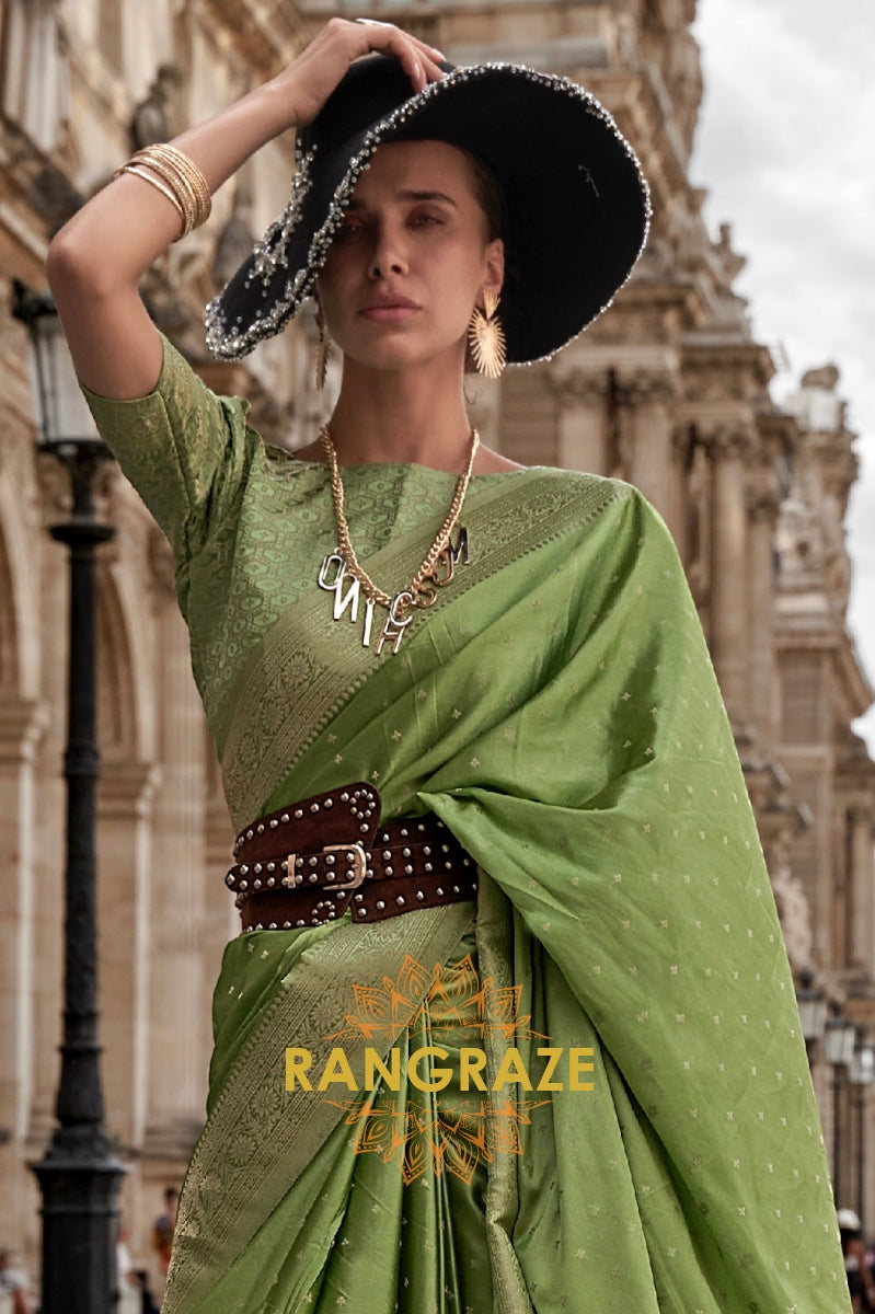 Parrot Green Woven Satin Silk Saree With Brocade Blouse