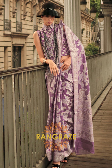 Violet Purple Woven Lucknowi Organza Silk Saree