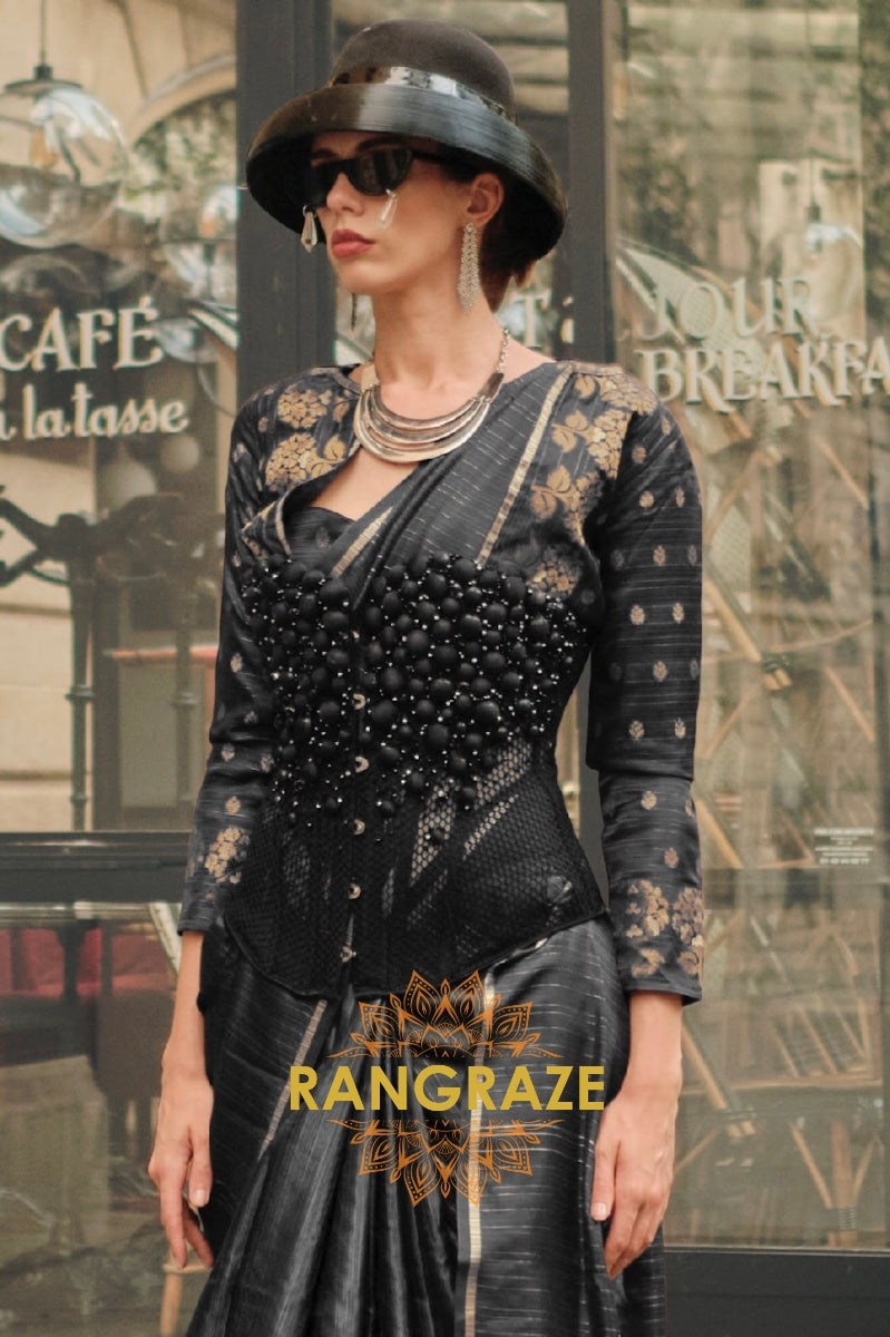 Jet Black Pure Satin Zari Lining Handloom Weaving Banarasi Saree