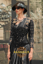 Jet Black Pure Satin Zari Lining Handloom Weaving Banarasi Saree