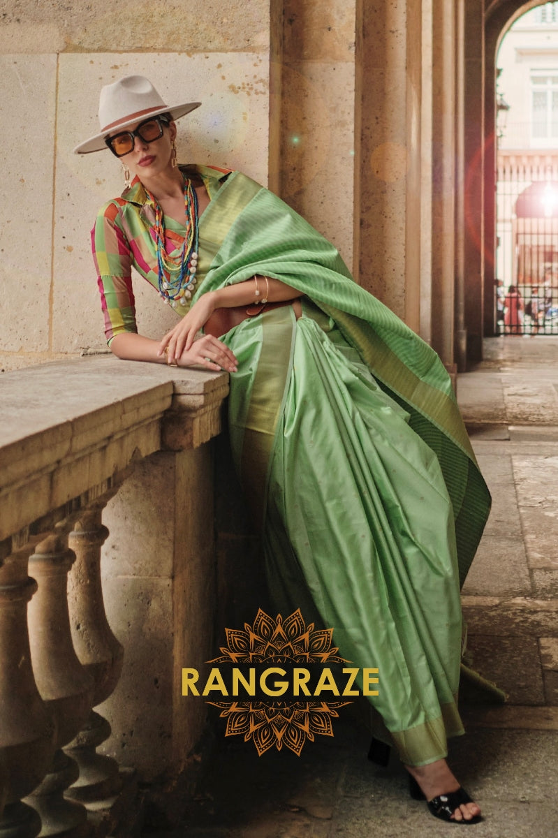 Mint Green Soft Silk Handloom Weaving Banarasi Saree