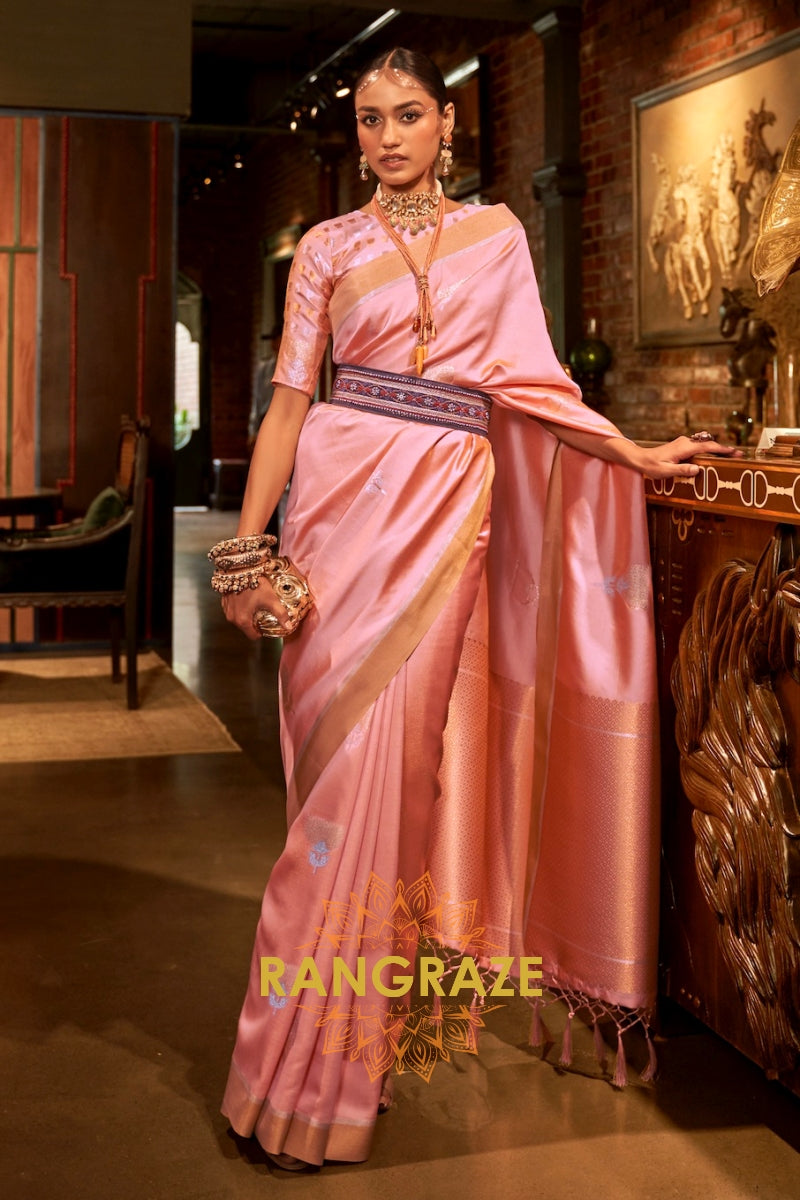 Antique Baby Pink Woven Banarasi Saree With Brocade Blouse