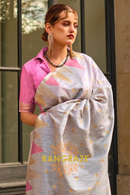 Stone Grey Woven Banarasi Khaddi Silk Saree