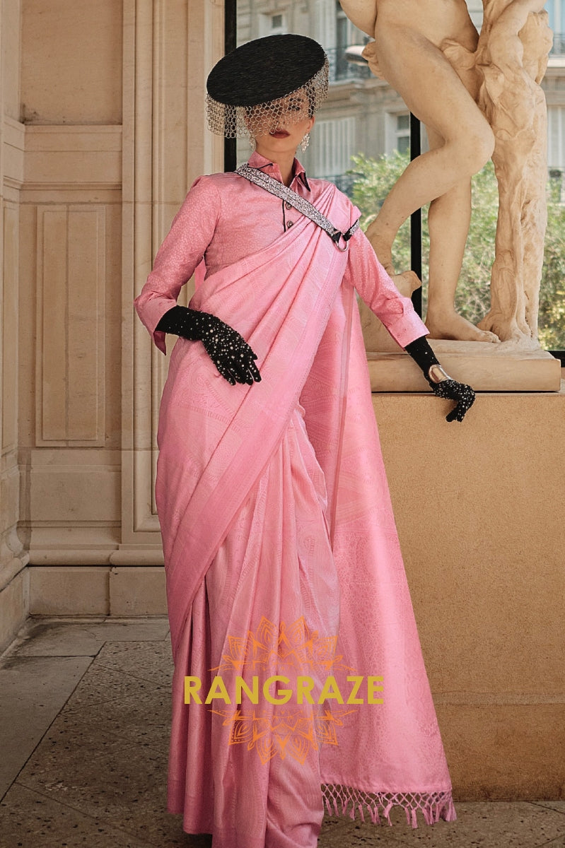 Rose Pink Pure Satin Handloom Weaving Banarasi Silk Saree