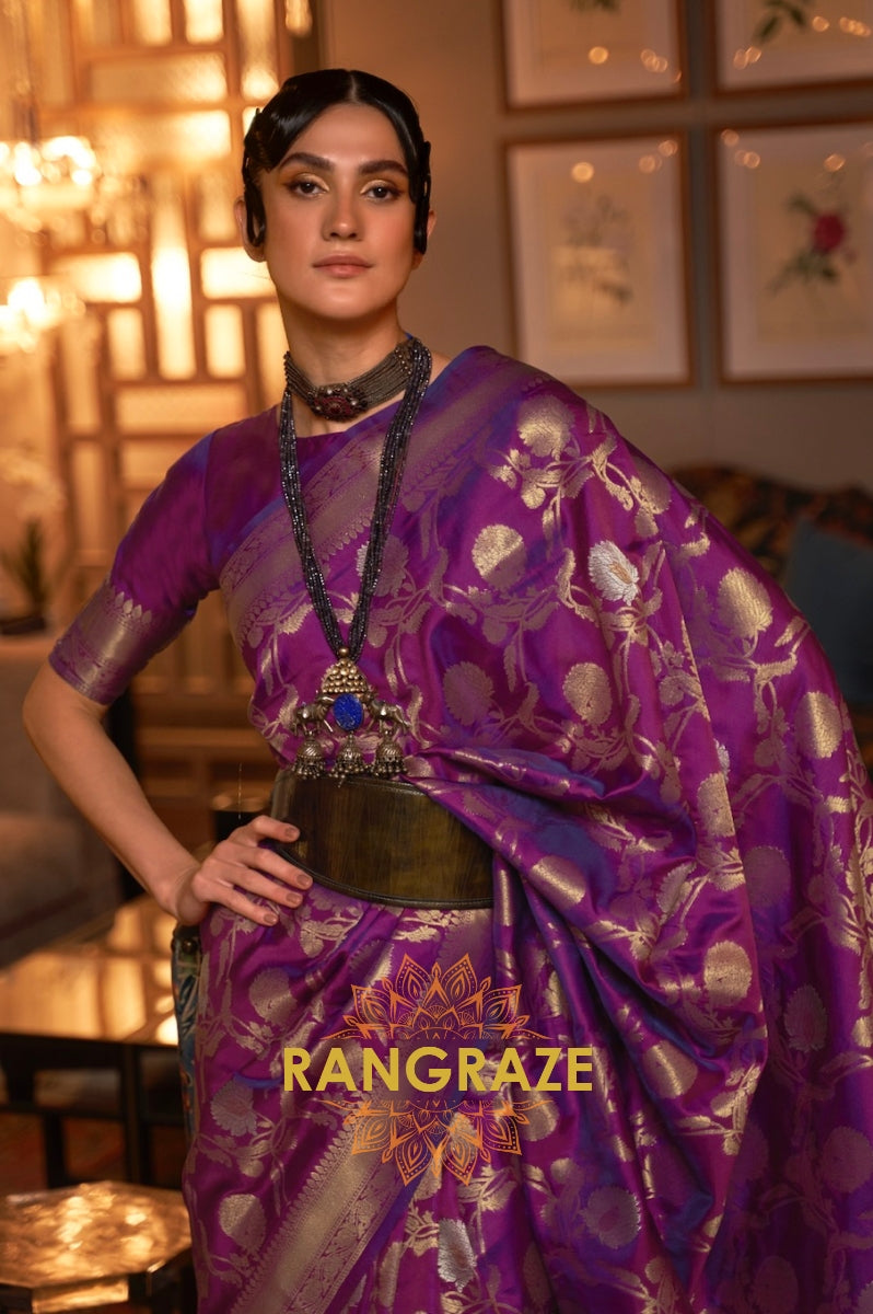 Mauve Purple Zari Work Handloom Banarasi Silk Saree