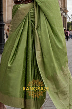 Parrot Green Woven Satin Silk Saree With Brocade Blouse