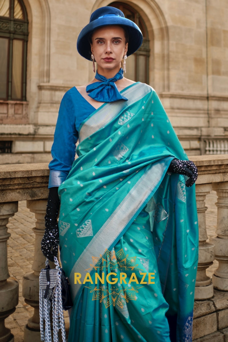 Azure Blue Woven Banarasi Soft Silk Saree