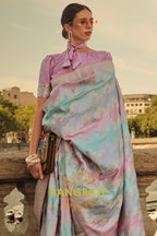 Imperial Pink Blue Rangkat Satin Handloom Weaving Silk Banarasi Saree