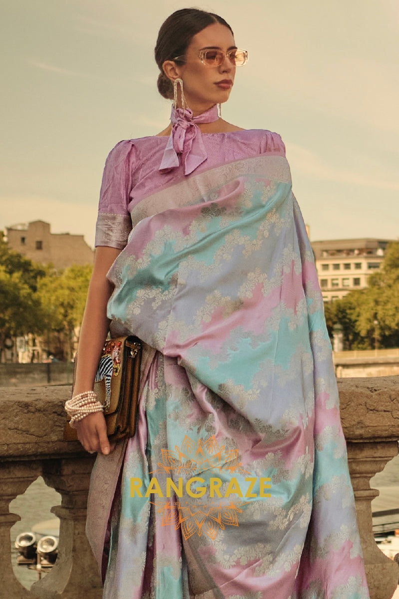 Imperial Pink Blue Rangkat Satin Handloom Weaving Silk Banarasi Saree