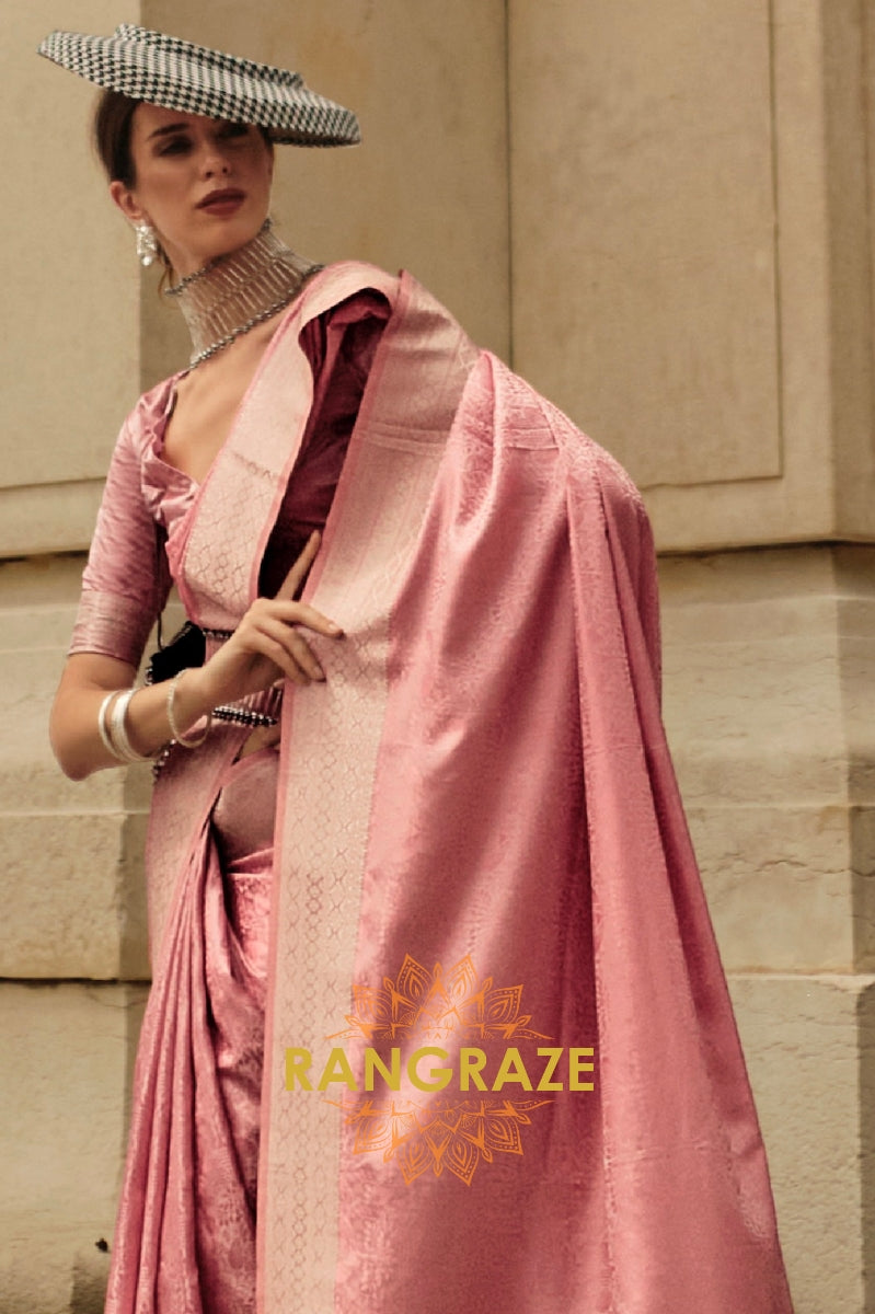 Royal Peach Pink Pure Satin Handloom Weaving Silk Banarasi Saree