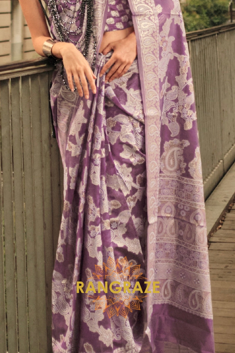 Violet Purple Woven Lucknowi Organza Silk Saree