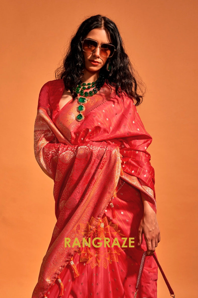 Dazzling Red Dual Tone Banarasi Satin Silk Saree