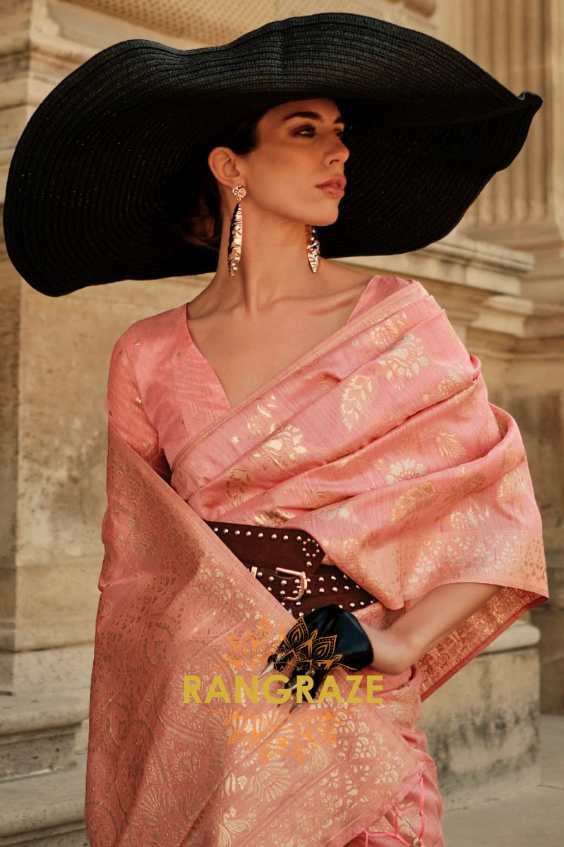 Wild Orchid Peach Gota Handloom Weaving Silk Banarasi Saree