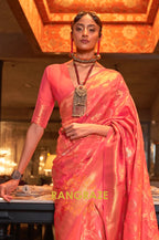 Tangerine Orange Zari Work Handloom Banarasi Silk Saree
