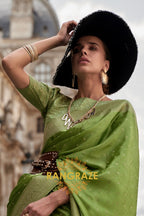 Parrot Green Woven Satin Silk Saree With Brocade Blouse