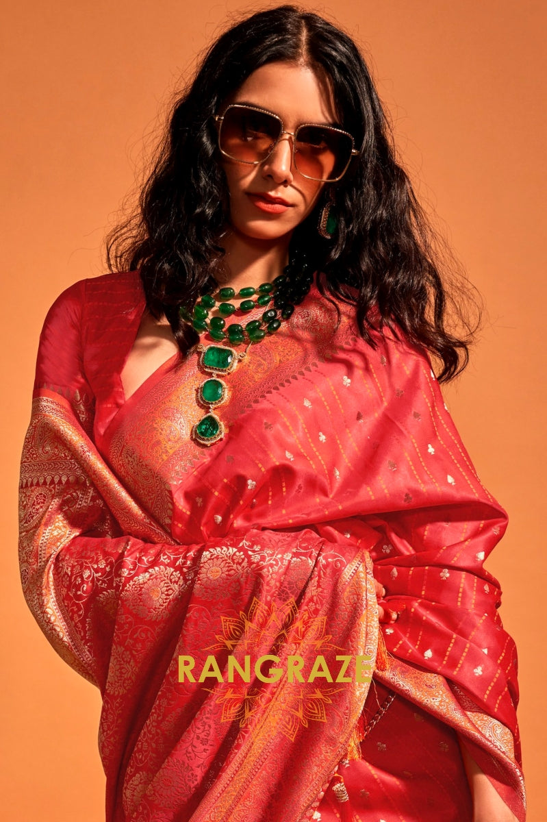 Dazzling Red Dual Tone Banarasi Satin Silk Saree