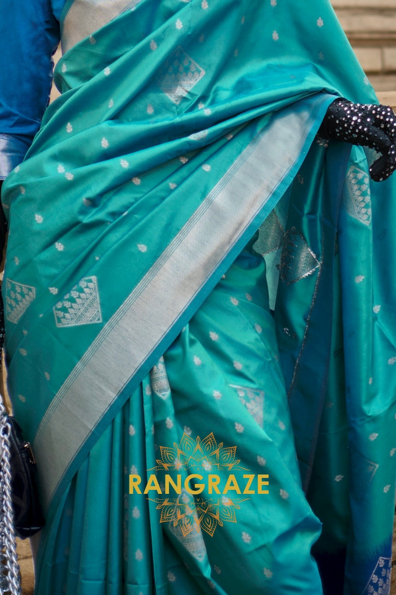 Azure Blue Woven Banarasi Soft Silk Saree