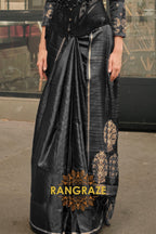 Jet Black Pure Satin Zari Lining Handloom Weaving Banarasi Saree