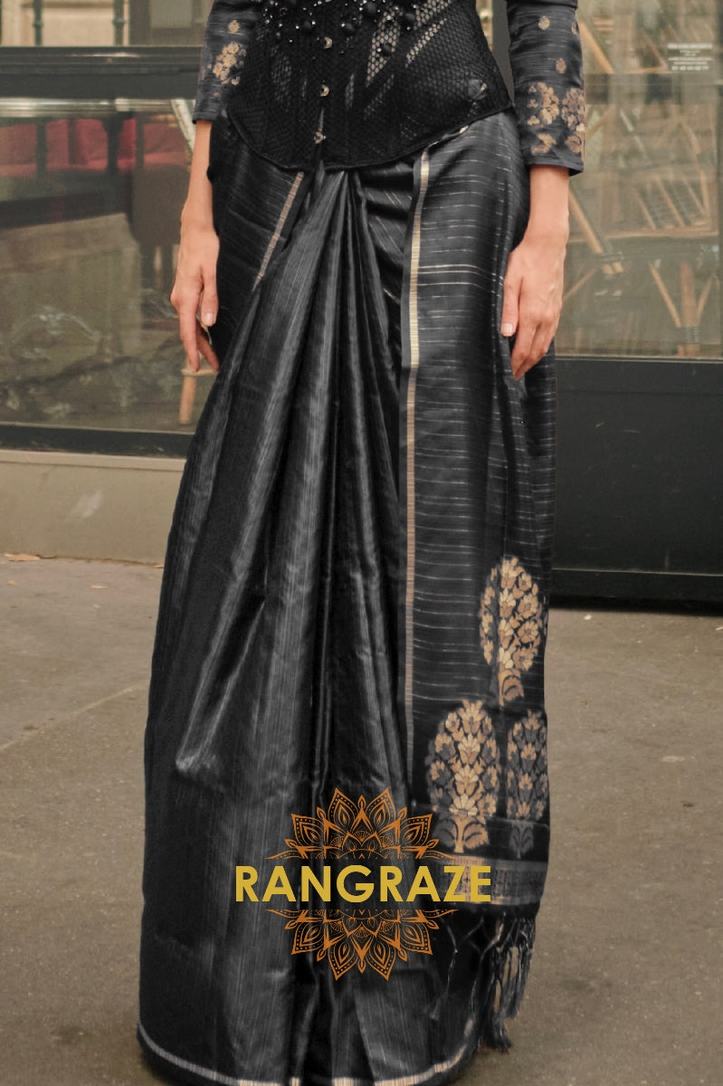 Jet Black Pure Satin Zari Lining Handloom Weaving Banarasi Saree