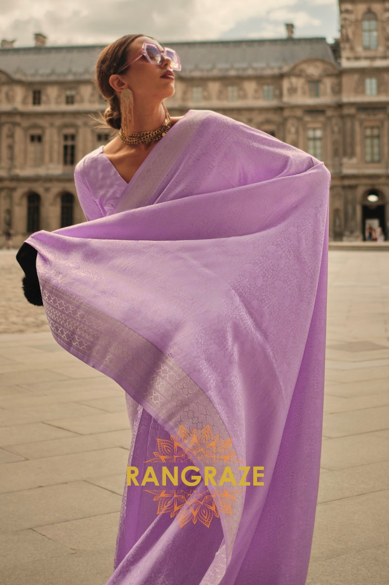 Royal Purple Pure Satin Handloom Weaving Silk Banarasi Saree