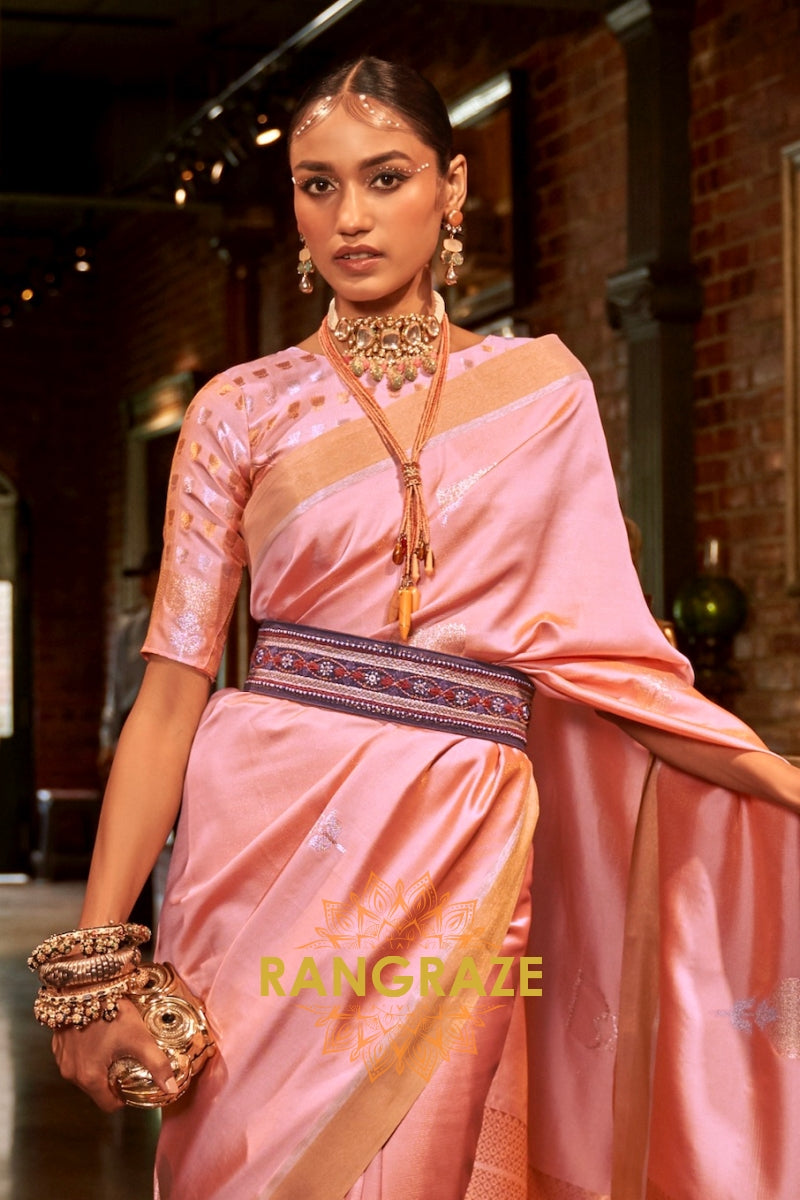 Antique Baby Pink Woven Banarasi Saree With Brocade Blouse