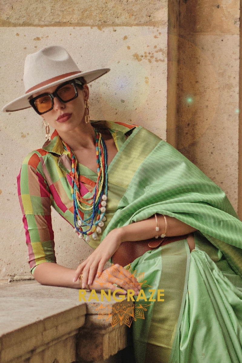 Mint Green Soft Silk Handloom Weaving Banarasi Saree