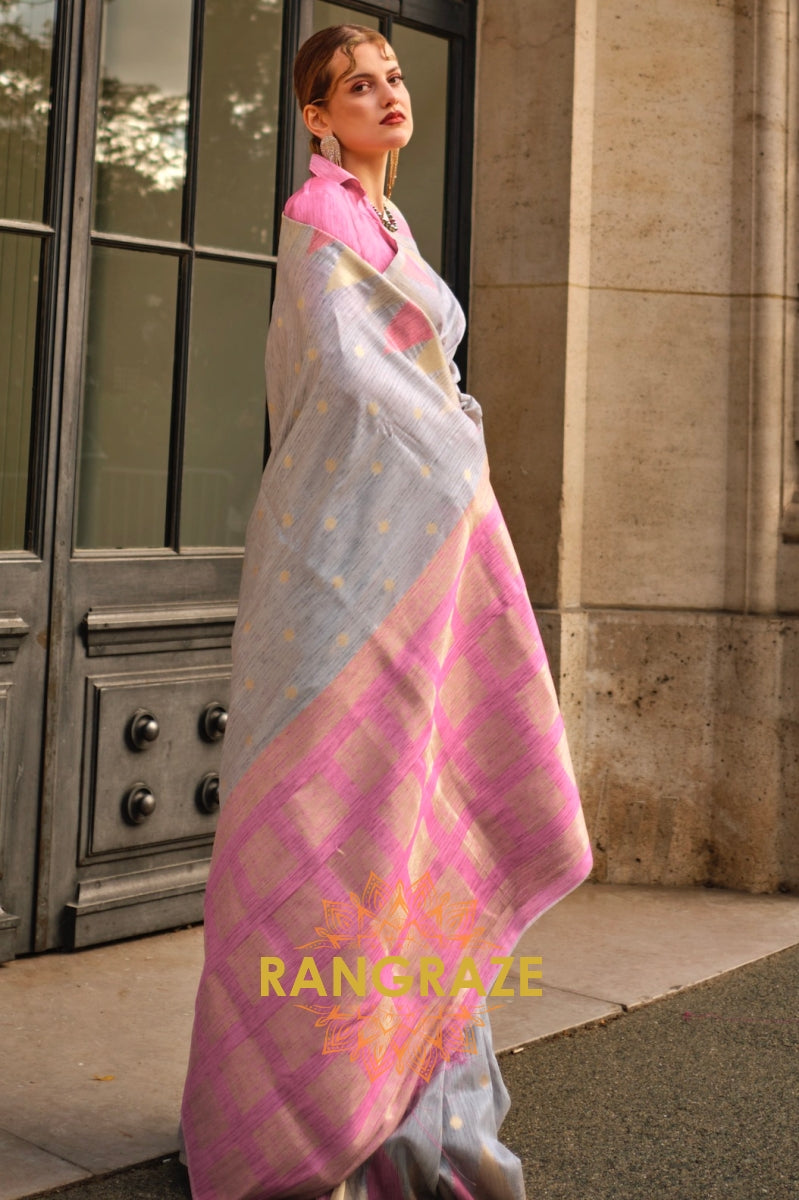 Stone Grey Woven Banarasi Khaddi Silk Saree