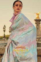 Imperial Pink Blue Rangkat Satin Handloom Weaving Silk Banarasi Saree